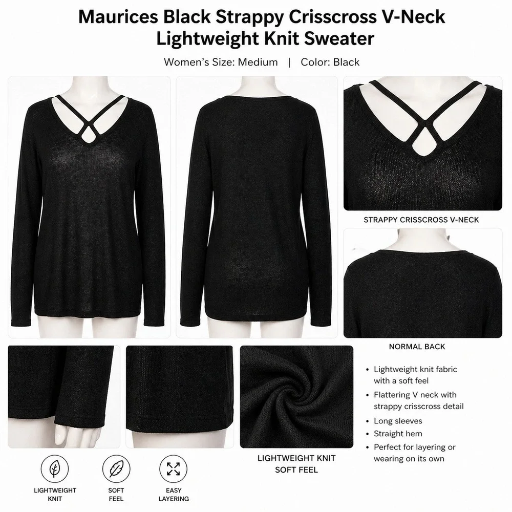 Maurices Black Strappy Crisscross V-Neck Lightweight Knit Sweater‎ Medium